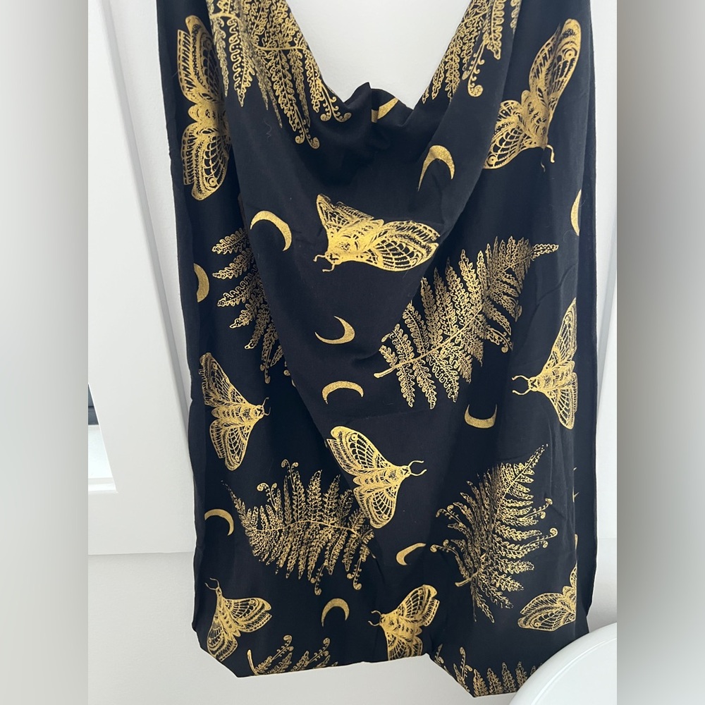 GrizzyLove Black & Gold Bamboo Tube Scarf - Moth, Fern & Moons - New w/o tag